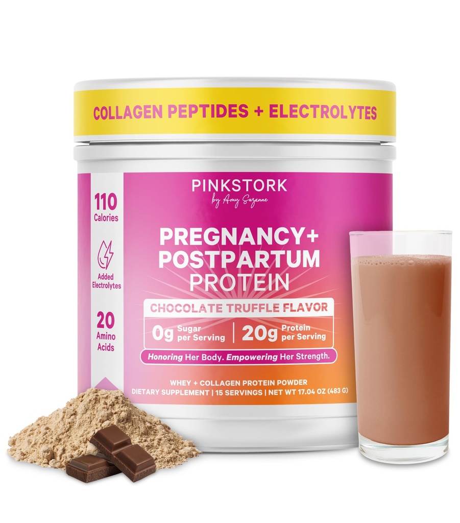 Pink Stork Grossesse et poudre de protéines postpartum pour femmes, 20g Whey et collagène, Prénatal et mélange de protéines d'allaitement pour l'énergie, récupération et hydratation, chocolat, 15 portions
