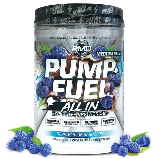 PMD Sports Pump Fuel All in Medium Stim, Ultimate Pre Workout Powder & Muscle Pump, Serious Energy, Focus, Endurance & Recovery, Premium Creatine & Beta Alanine, Reppin’ Blue Raspberry, 20 Servings