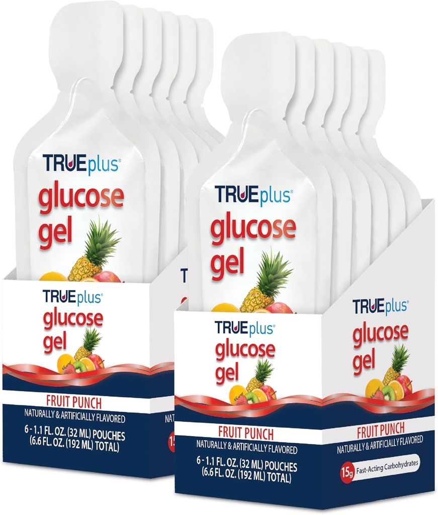 TRUEplus Glucose Gel Pouch, Fruit Punch Flavor, 15g d'hydrates de carbone à action rapide, sans gras, sans gluten, un soutien rapide pour le sucre et l'énergie bas de sang, 12 Pack