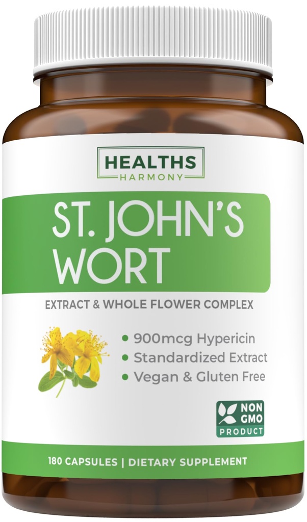 St John's Wort Capsules - Powerful & Potent Saint John's Wort Extract & Whole Herb Complex Standardized to 900mcg Hypericin for Balancing Daily Mood Support - Vegan Non-GMO & Lab Verified (180 Caps)
