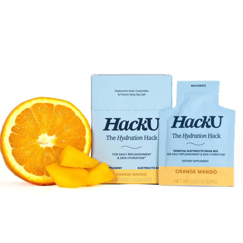 HackU Hydration Hack Electrolyte & Skin Hydration Packets – Sugar Free, Bloat-Free Drink Mix with Magnesium, Hyaluronic Acid & Ceramides for Daily Glow & Moisture Support