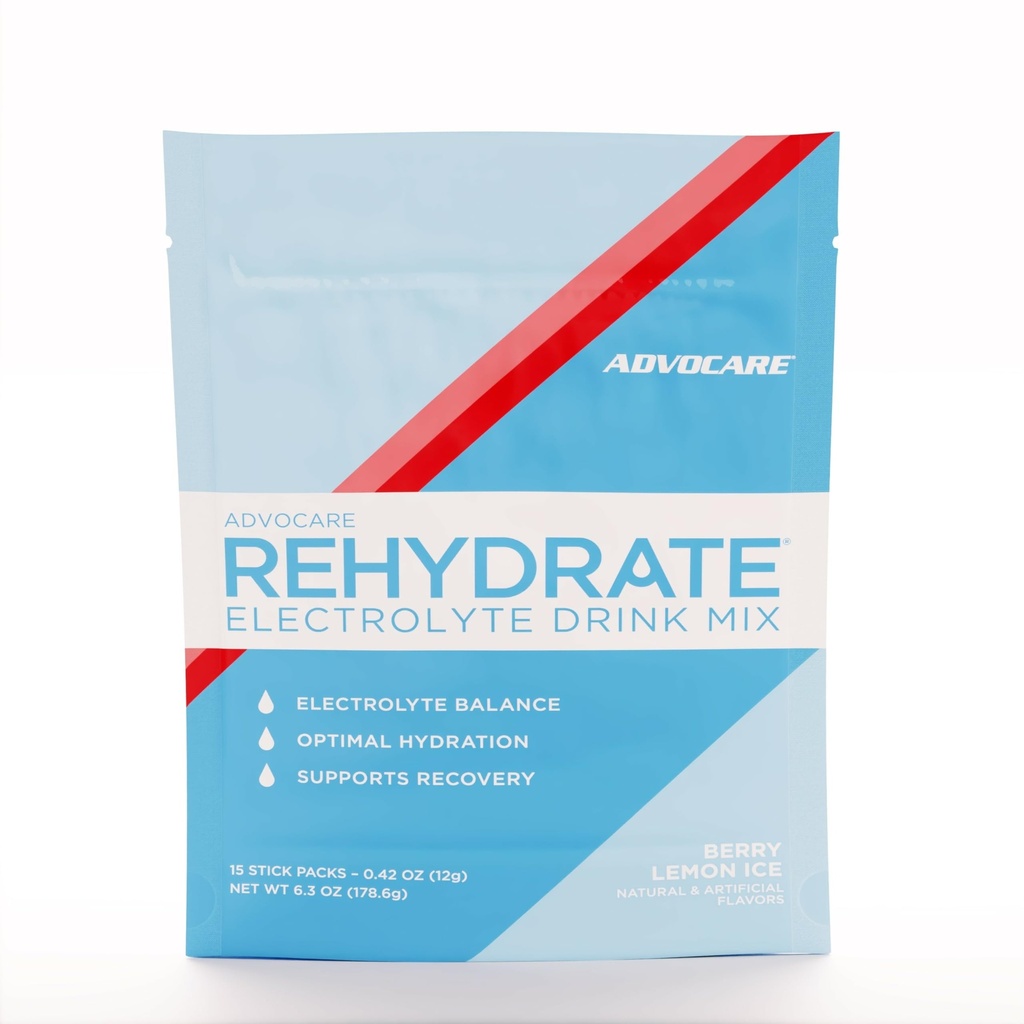 AdvoCare Rehydrate - Electrolyte Drink Mix - Includes Magnesium, Sodium, Potassium & Calcium - Antioxidant & Amino Acid Fortified - Hydration & Recovery - Berry Lemon Ice, 15 Stick Packs (6.3 oz)