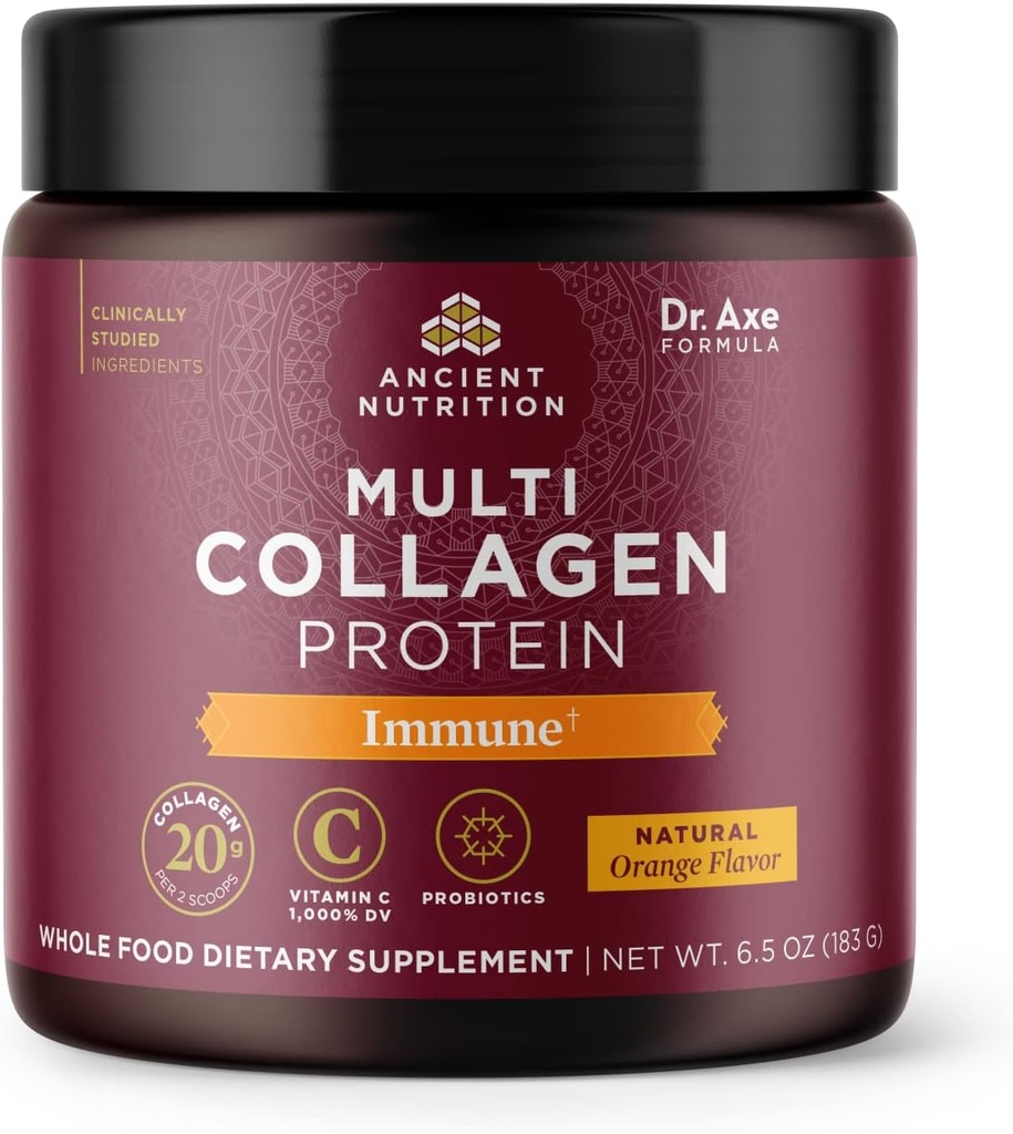 Ancient Nutrition Collagen Powder Protein avec vitamine C, Multi Collagen Protein Immune, Orange, soutient le système immunitaire, cheveux sains, peau et ongles, 15 portions