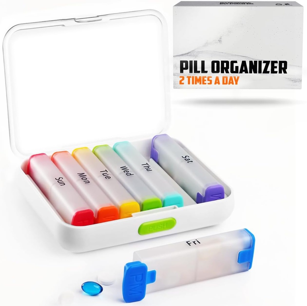 BEXEEN Organisateur hebdomadaire de pilules 2 fois par jour - Pill Box 7 Jour Am Pm - Organisateur de médecine de voyage Deux fois par jour Porte-vitamines Portable Supplément Case Week Matin Night Med Dispenser Conteneur amovible