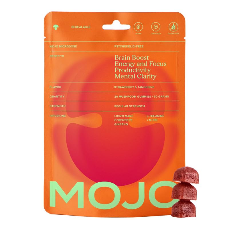 Mojo Focus Gummies with Lion’s Mane, Panax Ginseng, Ginger Root & Cordyceps, Brain Supplement for Memory and Focus, Nootropic Mushroom Gummies for Adults, Vegan Strawberry Tangerine, 1 Pack
