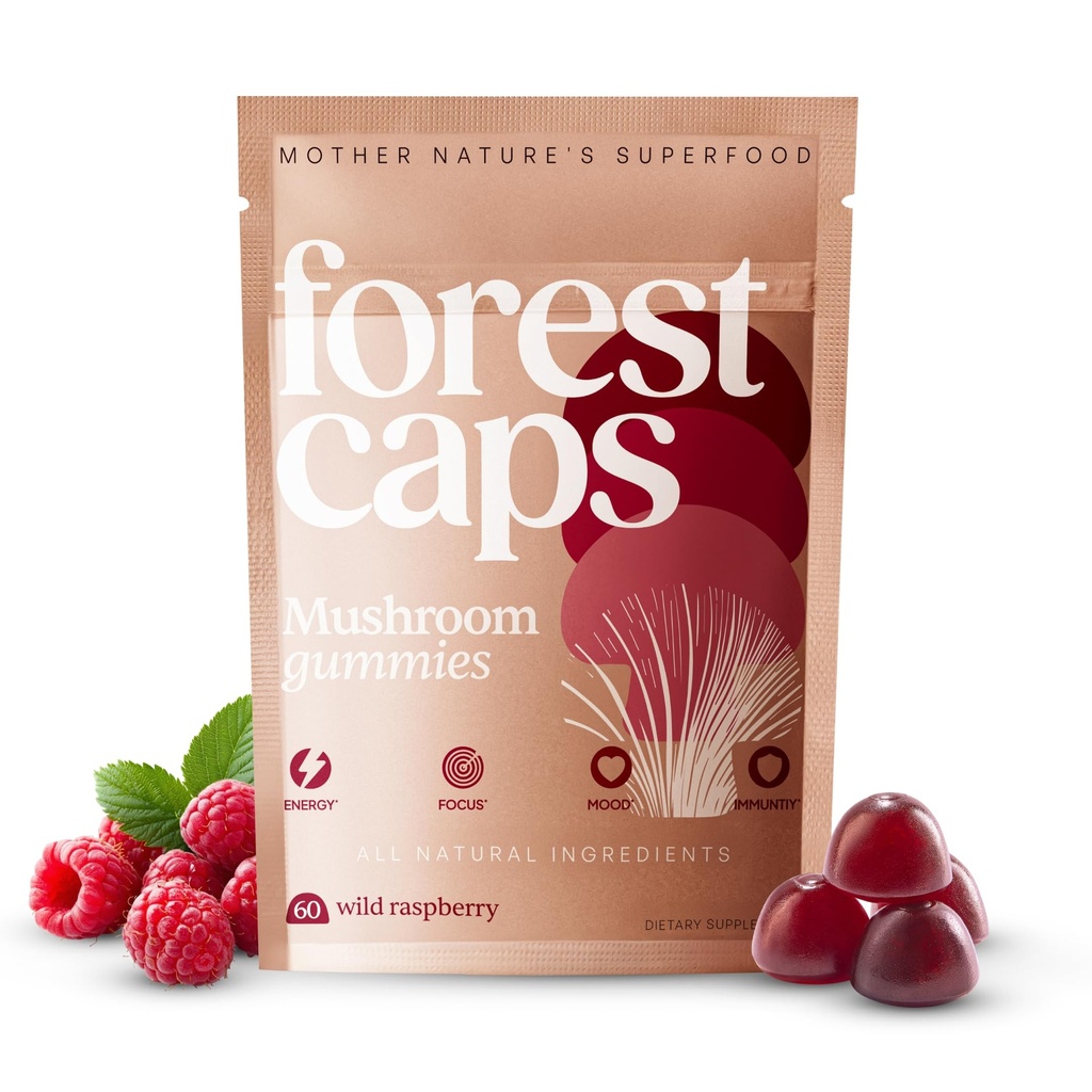 Forest Caps Mushroom Gummies – Lion’s Mane, Reishi & Cordyceps – Focus, Calm & Natural Energy – Organic Fruiting Body Extracts – Vegan, All Natural, Made in USA – 60 Count