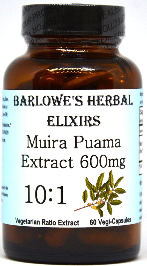 Barlowe's Herbal Elixirs Muira Puama 10:1 Extrait de 600mg Par Capsule Exclusivité Homme Traditionnelle Supplément Vitalité Exclusive 60 Capsules Vegan Exclusives, sans OGM, emballées dans une bouteille en verre