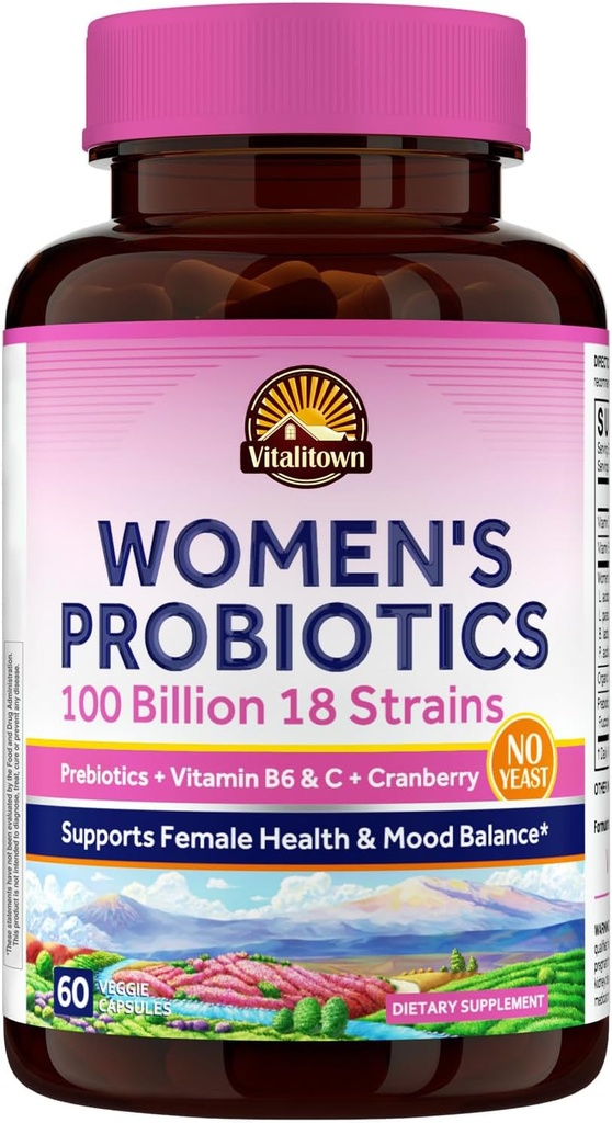 Vitalitown Femmes Probiotiques (100 milliards d'UFC 18 souches) Prébiotiques, VC et B6, Cranberry (100 milliards d'UFC) Étagère Stable (60 capsules végétaliennes)