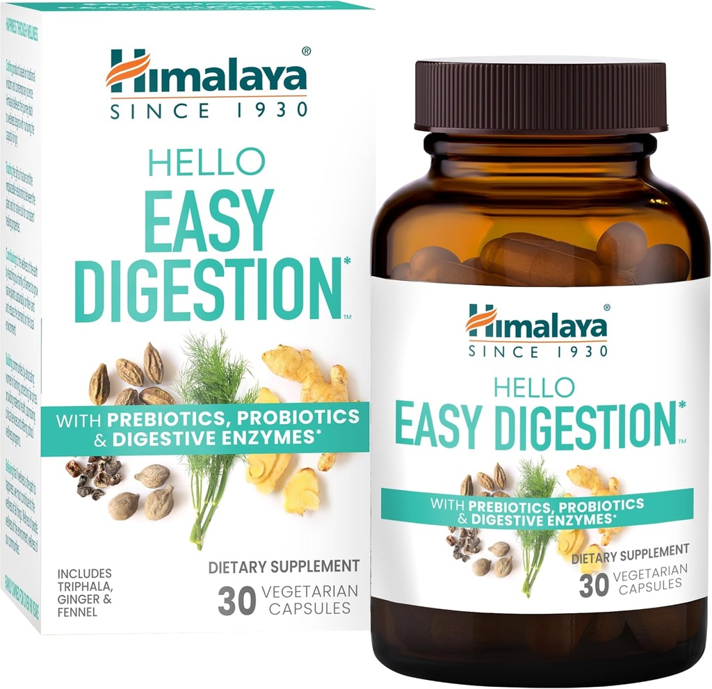 Himalaya Bonjour Digestion facile, enzymes digestives avec 2 milliards de CFU probiotiques et prébiotiques, plus 100 mg de soutien digestif à base de plantes avec gingembre, fenouil et triphala, 30 capsules végétariennes