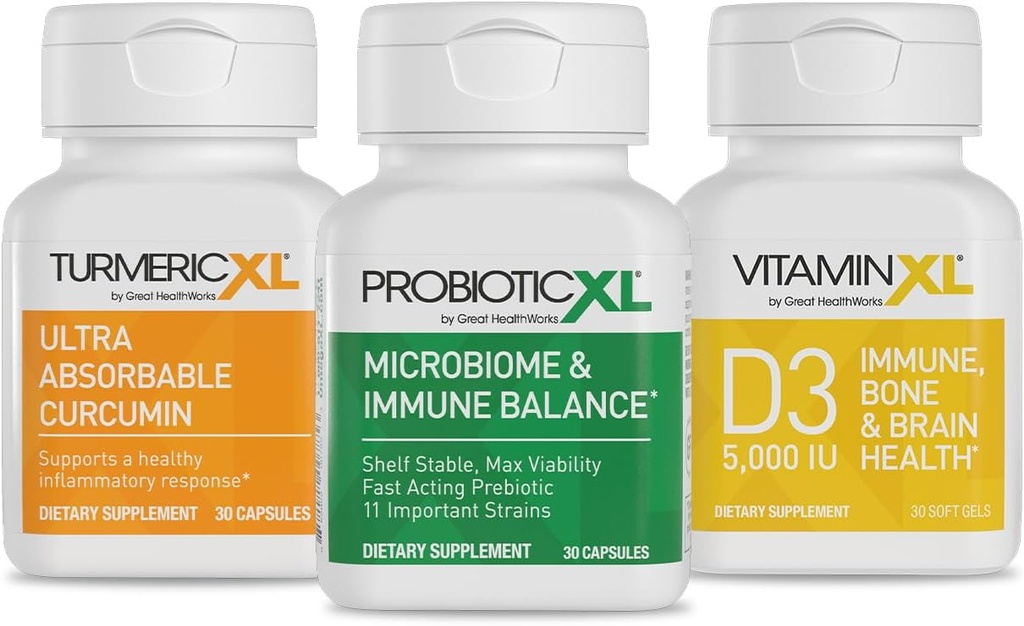 TrioXL - 3 suppléments puissants qui favorisent un système immunitaire fort, comprend TumericXL, VitamineXL D3 et ProbioticXL, booster immunitaire sans gluten, 3-30 comte