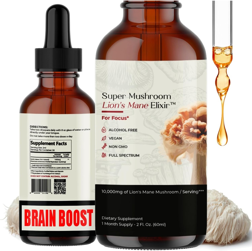 Auri Lion’s Mane Liquid Elixir - Brain Supplements for Memory and Focus with Functional Mushrooms - Lions Mane Supplement - Full Spectrum Lion's Mane Extract - No GMO, Vegan Mushroom Tincture