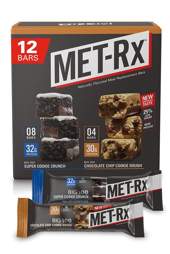 MET-Rx Big 100 Protein Bars, Meal Replacement Bars, Variety Pack - Super Cookie Crunch and Chocolate Chip Cookie Dough Bars, 12 Count, 3.52 Oz.