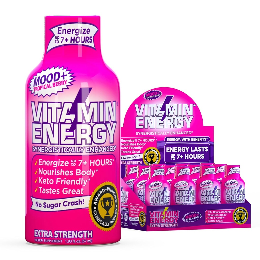 Vitamine Energy Mood+ Extra Strength Energy Shot Tropical Berry 12 Pack, 260mg Caféine naturelle, B-Vitamines, Rhodiola, Camomille, Mood & Energy Support, Zéro Sucre, Sans gluten, Vegan, 1.93 fl oz
