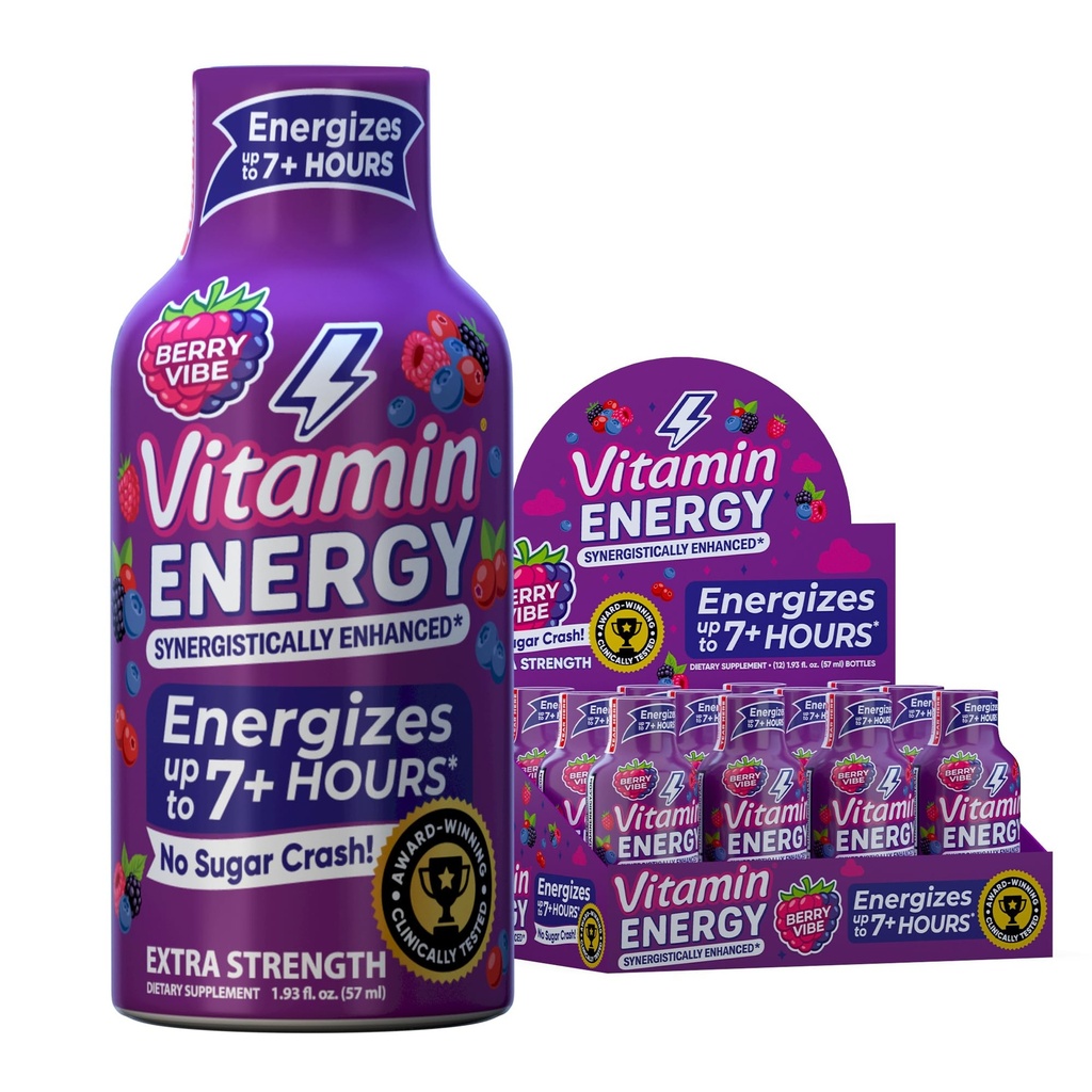 Vitamine Energy Mood+ Extra Strength Energy Shot Tropical Berry 12 Pack, 260mg Caféine naturelle, B-Vitamines, Rhodiola, Camomille, Mood & Energy Support, Zéro Sucre, Sans gluten, Vegan, 1.93 fl oz