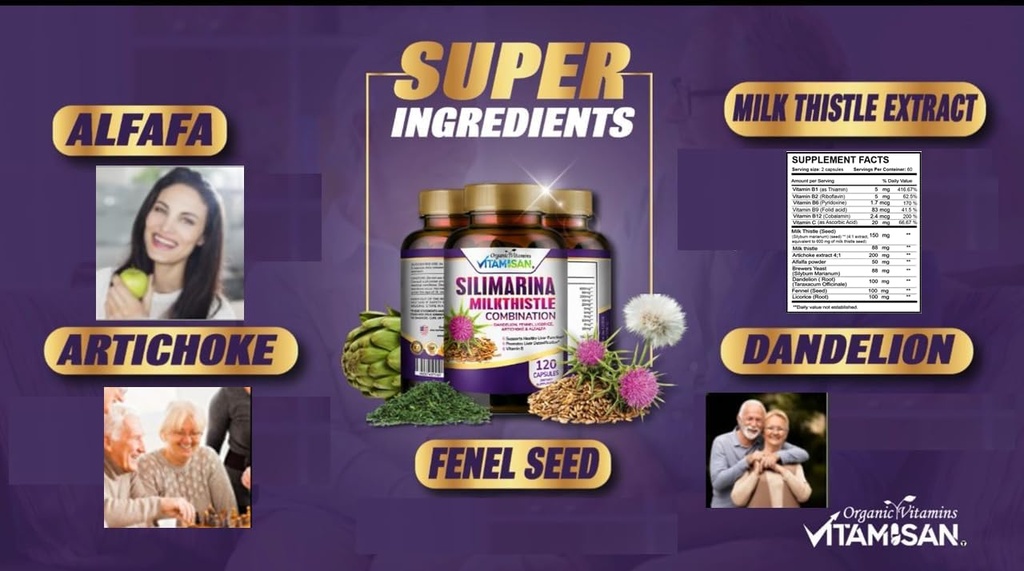 VITAMISAN Thistle de lait silimarina avec Dandelion, Fenouil. Licorice, Artichoke Alfalfa Detox & Formule de nettoyage Support Foie 120 Capsules