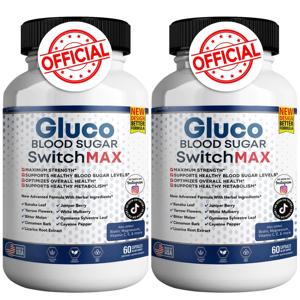 Gluco Blood Sugar Switch Max All Natural Formula to Maintain Healthy Levels, Maximum Strength Daily Formula, 2 Pack, 120 Capsules