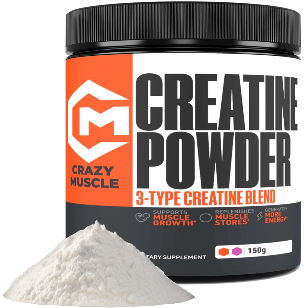 Crazy Muscle Creatine Poudre monohydratée, 5000mg Premium 3X TroisAtine Préentraînement Mass Gainer, Haute Absorption Facile à prendre Poudre Performance Optimum pour les hommes et les femmes, 30 portions