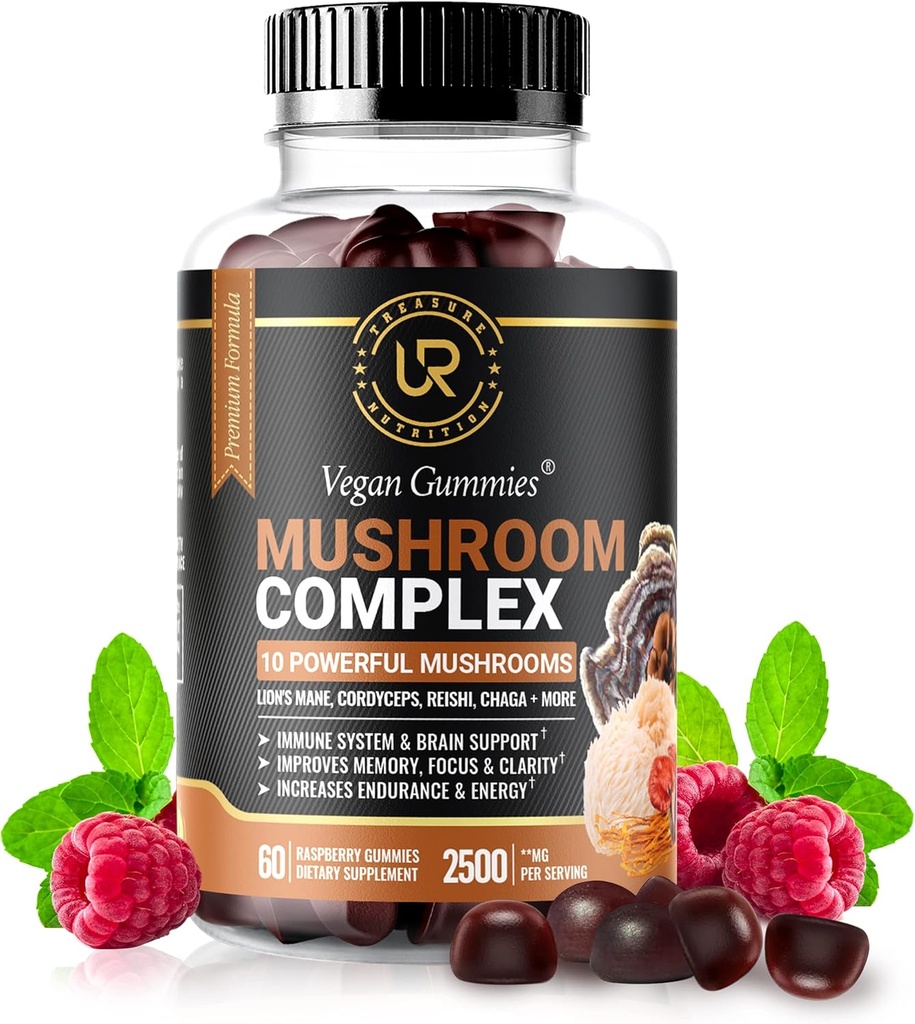 Gummies de Champignons 10 Suppléments de Champignons - 2500mg - Turkey Tail, Chaga, Reishi, Cordyceps & Lions Mane Extraits de Champignons Biologiques, Booster Cerveau Nootropique Pour Focus, Mémoire, Clarté, Énergie