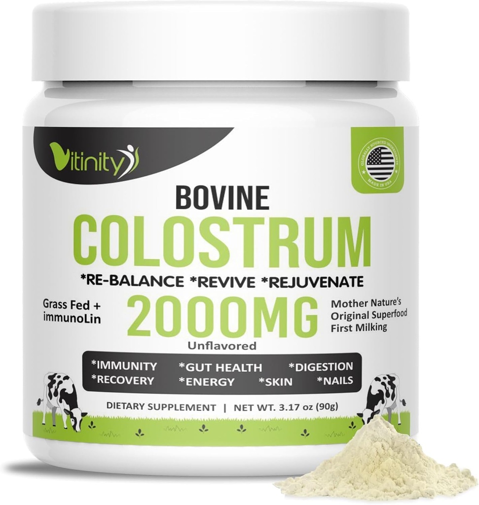 VITINITY Grass Fed Bovine Colostrum Powder for Humans - Natural IgG Colostrum Supplement for Gut Health, Immune Support, Muscle Recovery & Wellness | Pure Colostrum Superfood, Unflavored (90 Grams)