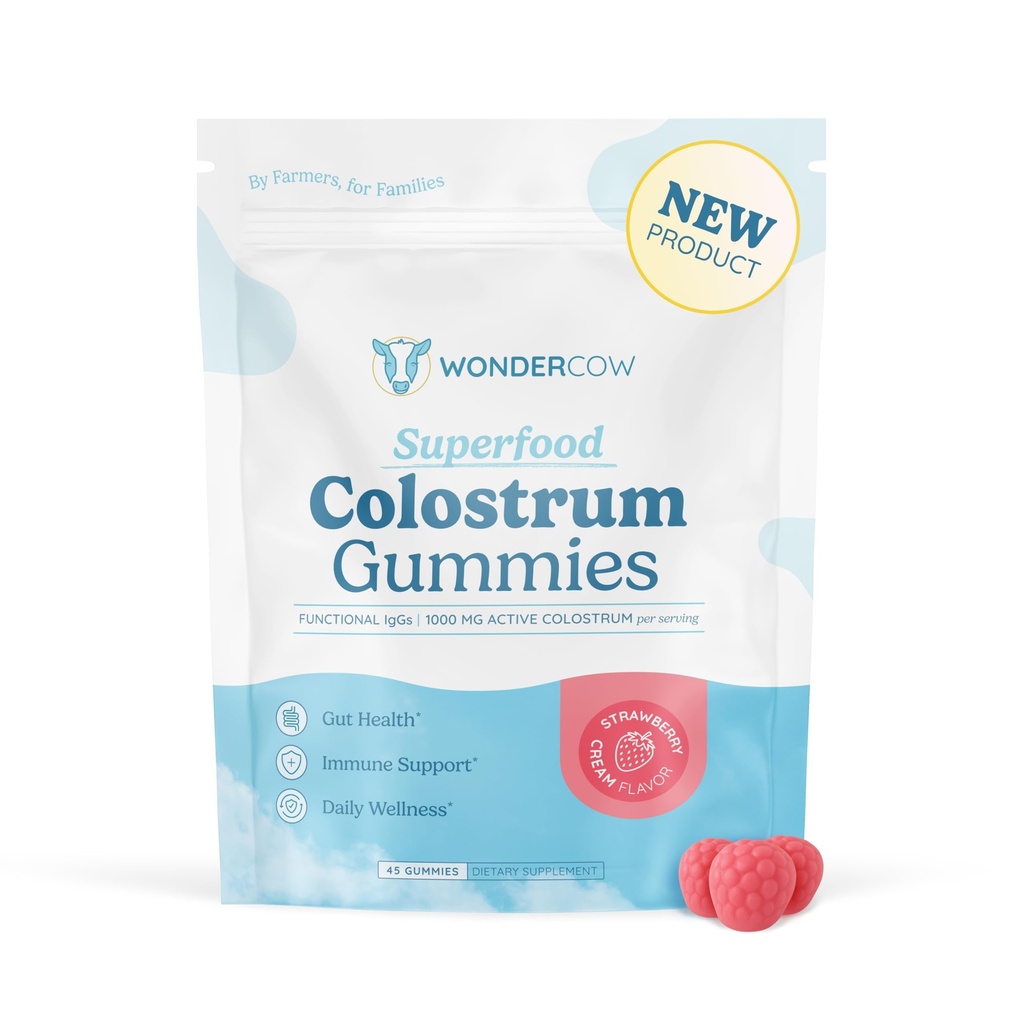 WONDERCOW Colostrum Gummies for Gut Health, Immune Support & Wellness | Natural IgG Whole Bovine Colostrum Supplement, 1,000mg per Serving (45 Gummies (15 Servings), Strawberry Cream)