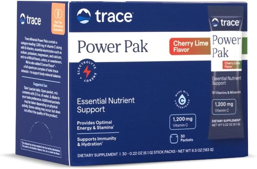 Trace Minerals Power Pak - Packs multivitamines pour le soutien des nutriments essentiels - Hydratation, immunité et énergie - Vitamines et minéraux naturels - Chaux de cerise - 30 Compte (30 portions)