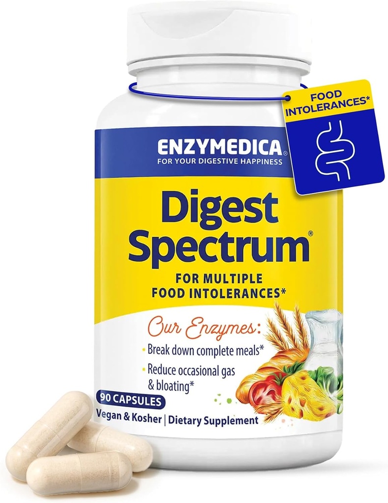 Enzymedica Digest Spectrum, enzymes digestives avancées pour les femmes et les hommes, soutient la digestion et les intolérances alimentaires multiples, formule à action rapide pour le gaz et le dégel, 90 capsules