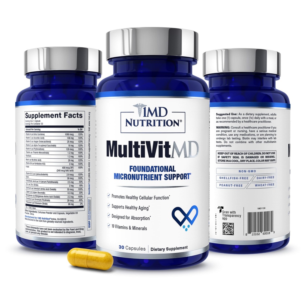 1MD Nutrition MultiVitMD Daily Multivitamin – 19 Essential Vitamins & Minerals for Adults Over 55 | Supports Healthy Aging, Heart, Brain, Bone, & Immune Health | Designed for Absorption | 30 Capsules