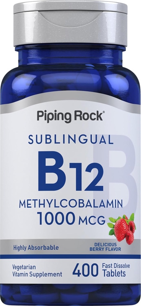 Piping Rock Vitamine B12 Comprimés sublinguals $ 1000 mcg $ 400 Pills $ Methylcobalamine Supplément pour les femmes et les hommes $ Flaveur de baies $ Végétarien, non-OGM, sans gluten