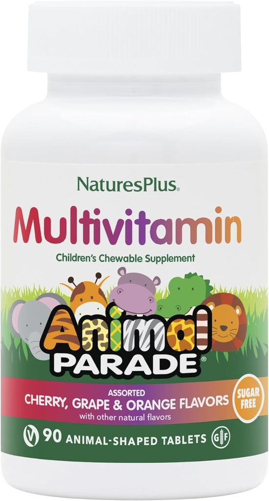 Natures Plus Parade animale Multivitamine sans sucre pour enfants - cerise, raisins et arômes d'oranges assortis - 90 comprimés à croquer - 45 portions totales
