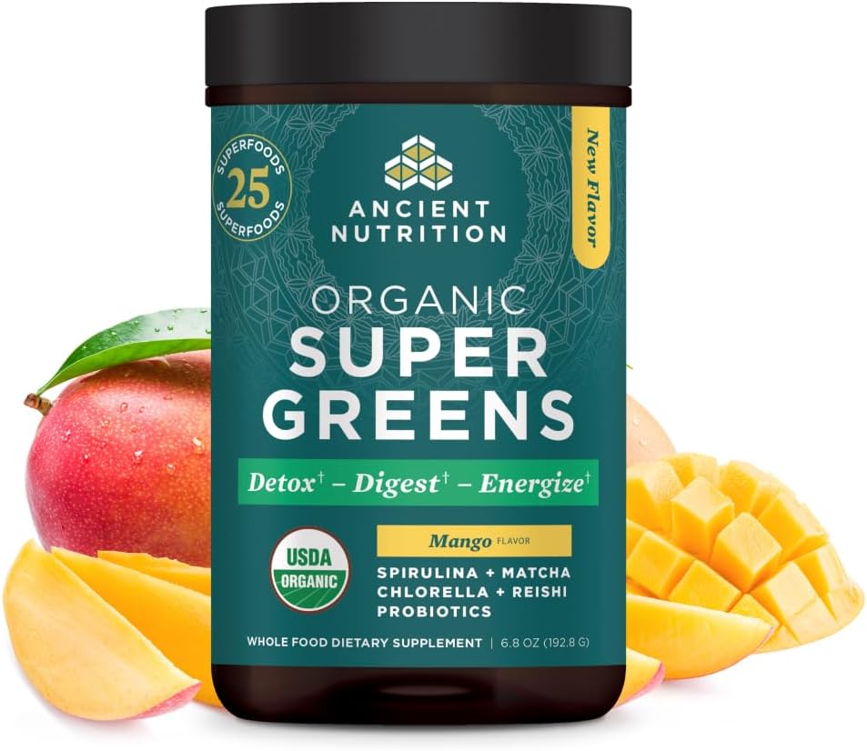 Alimentation ancienne SuperGreens Poudre avec Probiotiques, Verts de Mangue Bio, Fabriqué à partir de Fruits, Légumes et Herbes Réels, Soutien Digestif et Énergie, 25 portions, 6.8oz