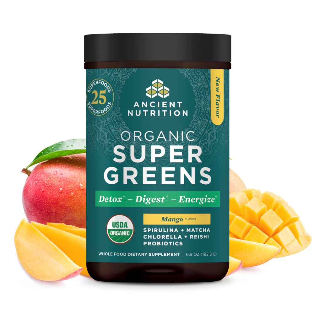 Alimentation ancienne SuperGreens Poudre avec Probiotiques, Verts de Mangue Bio, Fabriqué à partir de Fruits, Légumes et Herbes Réels, Soutien Digestif et Énergie, 25 portions, 6.8oz
