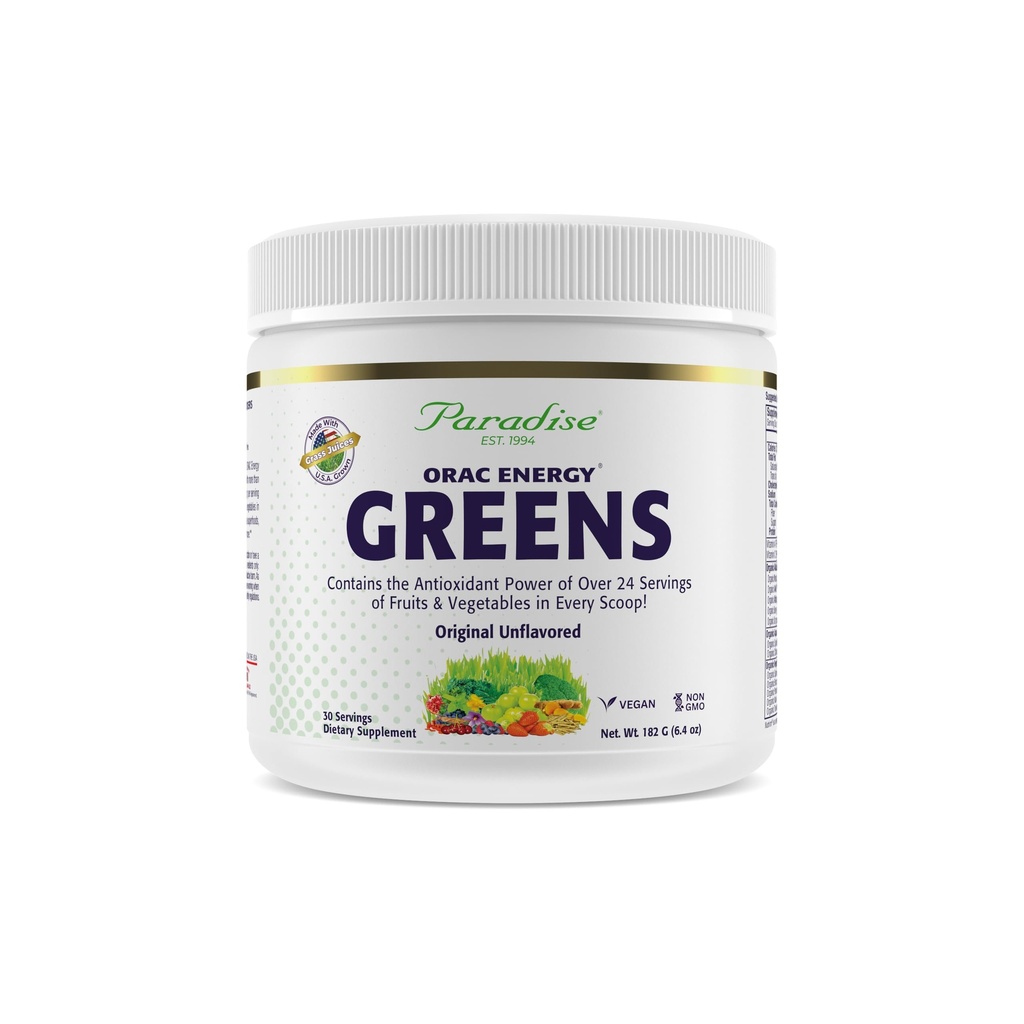 Paradise, extrait de poudre de vert d'énergie ORAC, super-antioxydants, probiotiques pour la santé et la digestion Gut, vitamine C pour l'immunité, avec spiruline et chlorella, non-OGM, sans gluten, 30 portions