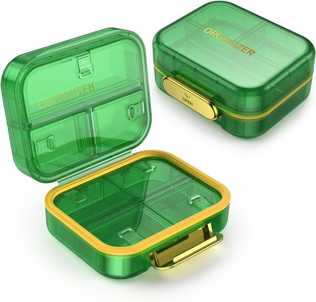 7 Compartment Travel Pill Box, Pill Organizer Moisture Proof Mini Pill Case, Small Pill Box for Pocket Purse, Daily Portable Medicine Vitamin Box, Fish Oil Box, Supplement Box (Green)