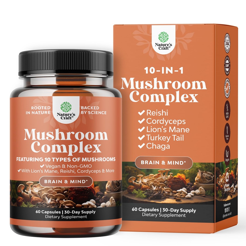 Capsules complexes avancées de champignons - 10X Lions Mane Complément Capsules avec Reishi, Chaga, Maitake & Shiitake pour la santé cérébrale Soutien et Focus - Nootropic pour la clarté mentale - 60 capsules
