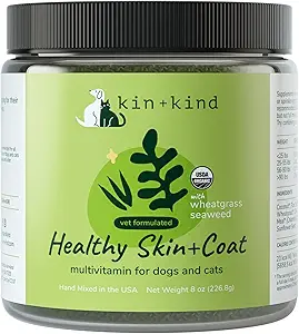 kin+kind Multivitamine biologique pour les chiens et les chats - Supplément animal pour la peau saine et le manteau - Préparation naturelle sans danger avec du blé, du kelp, de l'algue et de la noix de coco - Fabriqué aux États-Unis - 8 oz (Grande)