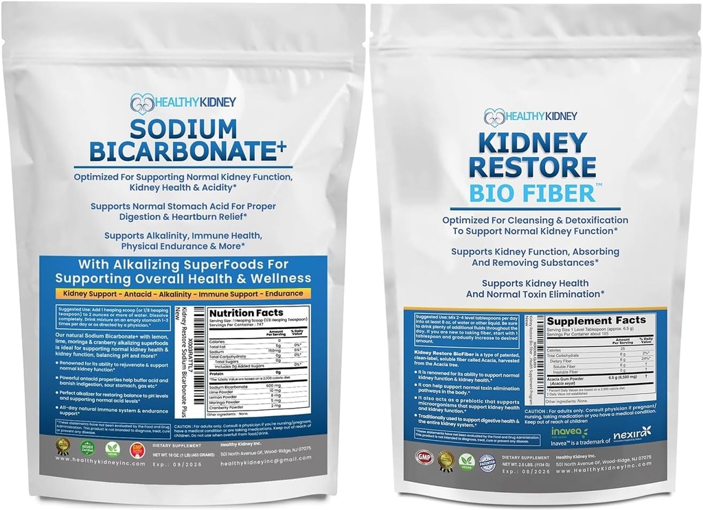 Bicarbonate de sodium biologique Supplément alcalin 1,5 LB & Bio Fibre nettoyant le rein detox 2,5 LBS bundle – soutient la santé rénale, l'acide stomach neutralisant, les superaliments alcalins, le soutien immunitaire, detox