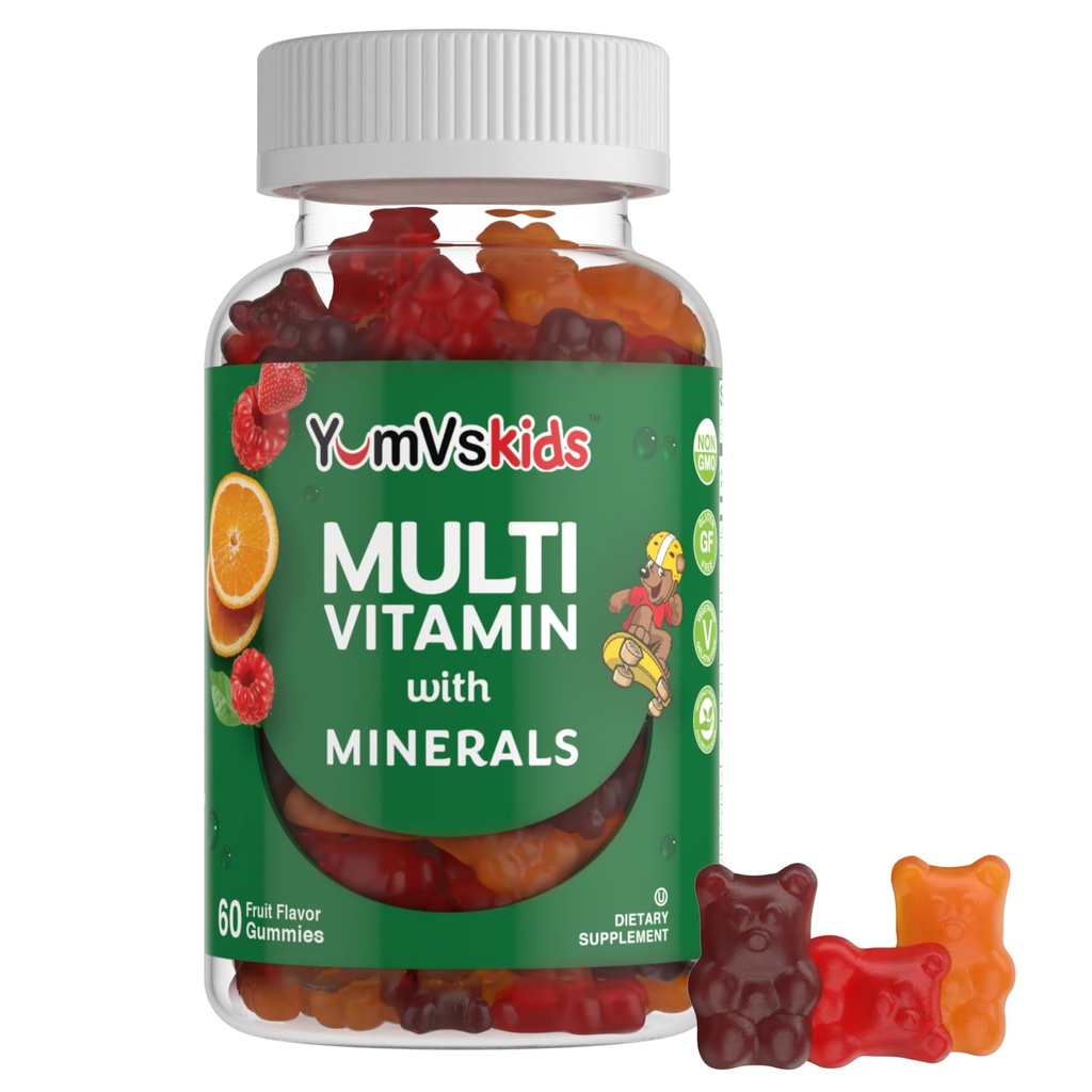 YumVs enfants Multivitamines Gommy - Fruits aromatisés à croquer Multivitamines pour enfants - Vitamines pour enfants Multivitamines Gommy avec 12 minéraux et vitamines A C D3 E B6 B12 - Sans gluten halal casher (60 Nombre)