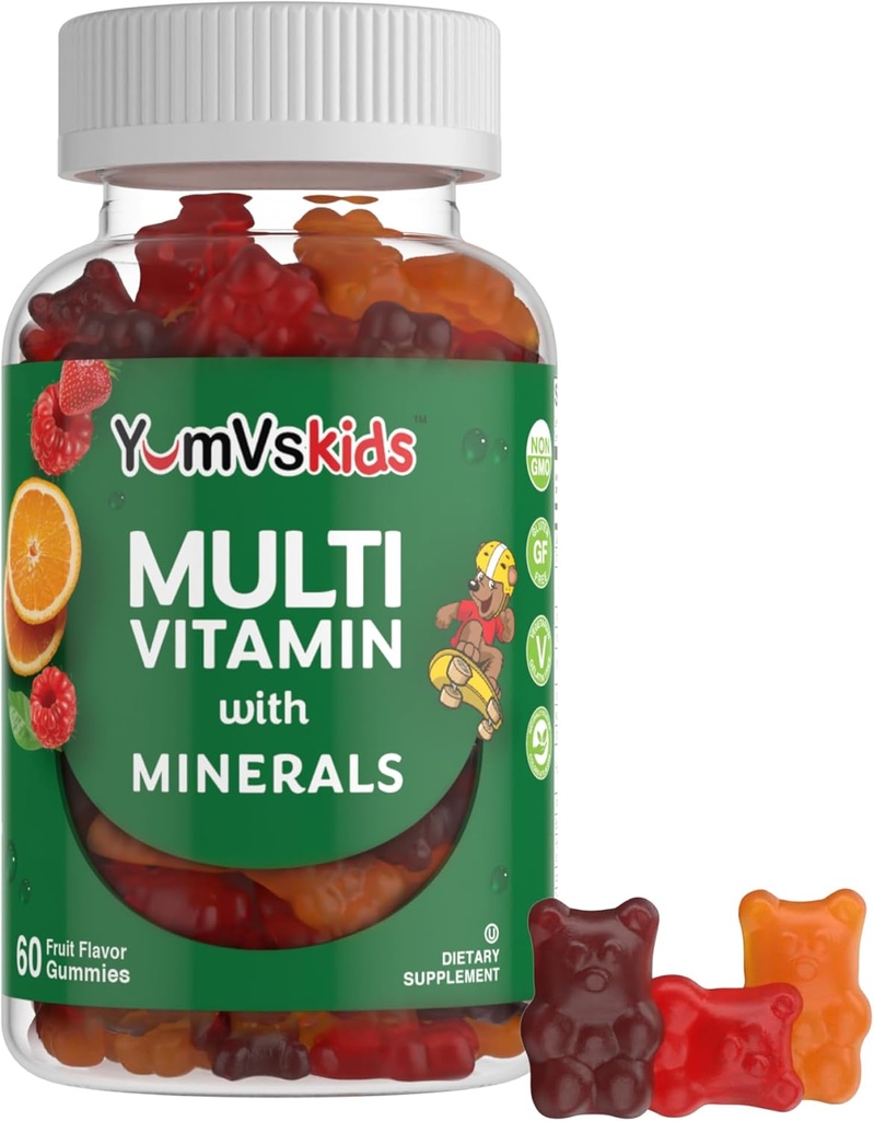 YumVs enfants Multivitamines Gommy - Fruits aromatisés à croquer Multivitamines pour enfants - Vitamines pour enfants Multivitamines Gommy avec 12 minéraux et vitamines A C D3 E B6 B12 - Sans gluten halal casher (60 Nombre)