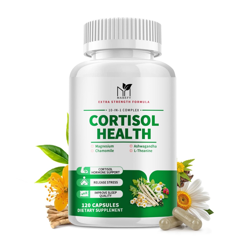 MABEFY Cortisol Supplements for Women/Men - 10 in 1 Cortisol Manager Reducer Lower Detox Balance with Magnesium, Ashwagandha, L-Theanine for Stress Sleep Calm Mood Support - 120 Capsules for 60 Days