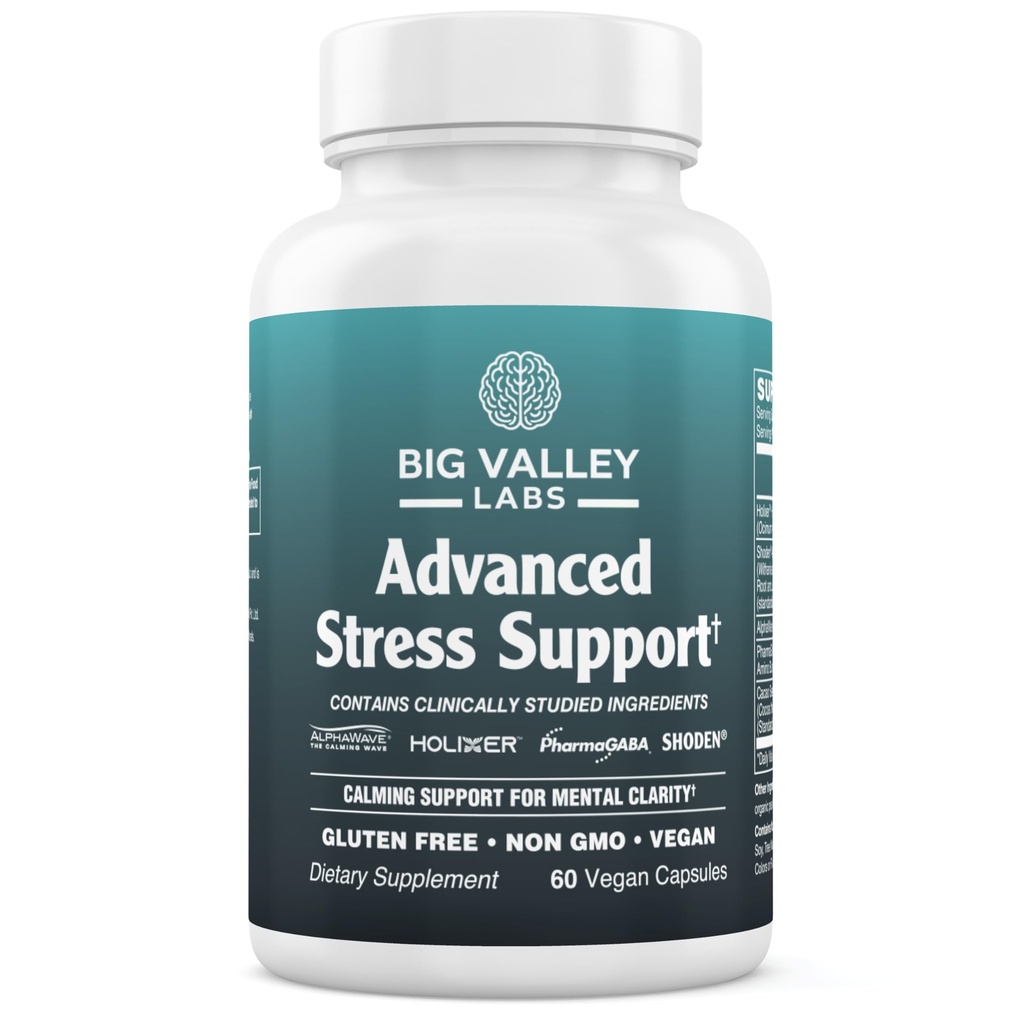 Advanced Stress Support – Holy Basil, Shoden® Ashwagandha, AlphaWave® L-Theanine, PharmaGABA®, Cacao Theobromine – Calm & Clarity Formula – Vegan, Non-GMO, Gluten-Free – 60 Capsules
