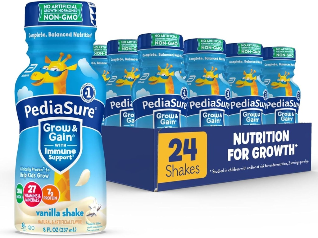 PediaSure Grow & Gain avec le support immunitaire, 27 vitamines et minéraux pour les enfants, 7g de protéines, non-OGM, sans gluten, vanille, bouteille 8-fl-oz, boîte de 24