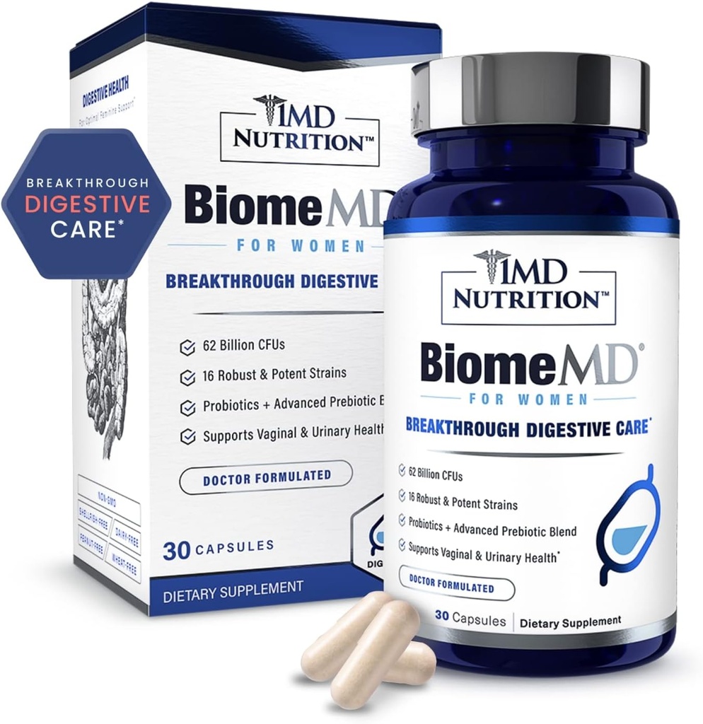 1MD Nutrition BiomeMD Probiotiques pour les femmes - Prébiotiques quotidiens et probiotiques pour les femmes - plus de 60 milliards UFC, 15 souches - Probiotiques pour les femmes pour soutenir la santé urinaire et vaginale - 30 capsules