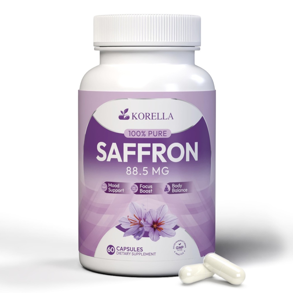 KORELLA Saffron Supplement 88.5 mg – Pure Saffron Extract Capsules for Wellness, Energy Support & Focus – Pure Saffron Supplements - Natural Saffron Pills for Men & Women – 60 Count