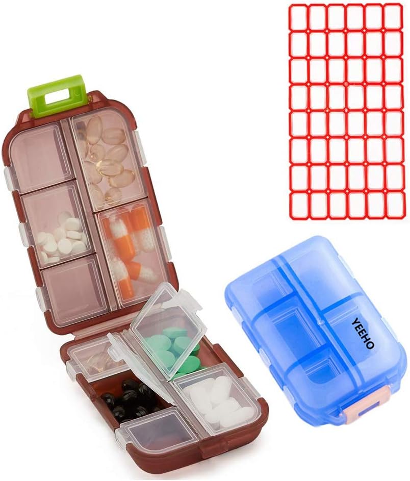 Pill Case (2 Pack) - Portable Petits Suppléments Comprimé Boîte de récipient avec 10 Compartiments - Médecine Vitamine Organizer Support de distributeur Entreposage pour Voyage Voyage Poche Purse(Blue+Chocolate)