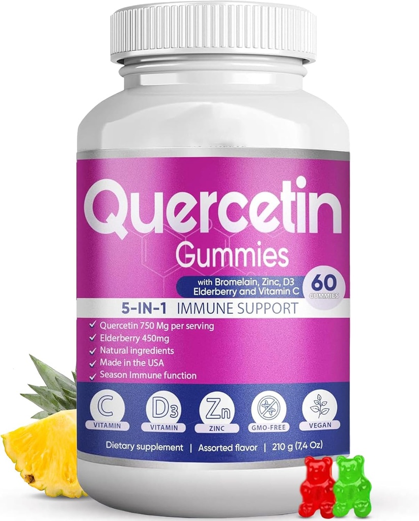 Gummies Quercetin par BioVitalica - Quercetin avec la vitamine Bromelain C et Zinc & Elderberry + vitamine D3-5 dans 1 Immune Support - Zinc Quercetin 750 mg pour les enfants et les adultes (1)