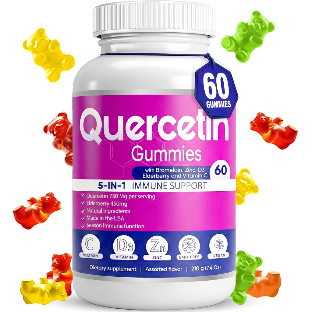 Gummies Quercetin par BioVitalica - Quercetin avec la vitamine Bromelain C et Zinc & Elderberry + vitamine D3-5 dans 1 Immune Support - Zinc Quercetin 750 mg pour les enfants et les adultes (1)