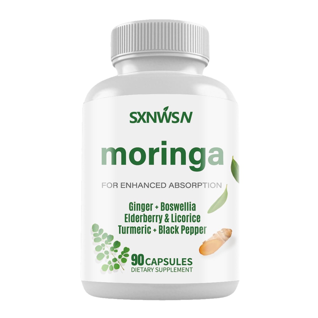 Moringa Capsules 1000mg - with with Turmeric, Ginger, Elderberry, Licorice & Boswellia for Immune, Skin, Gut & Antioxidant Support | 90 ct Supplements