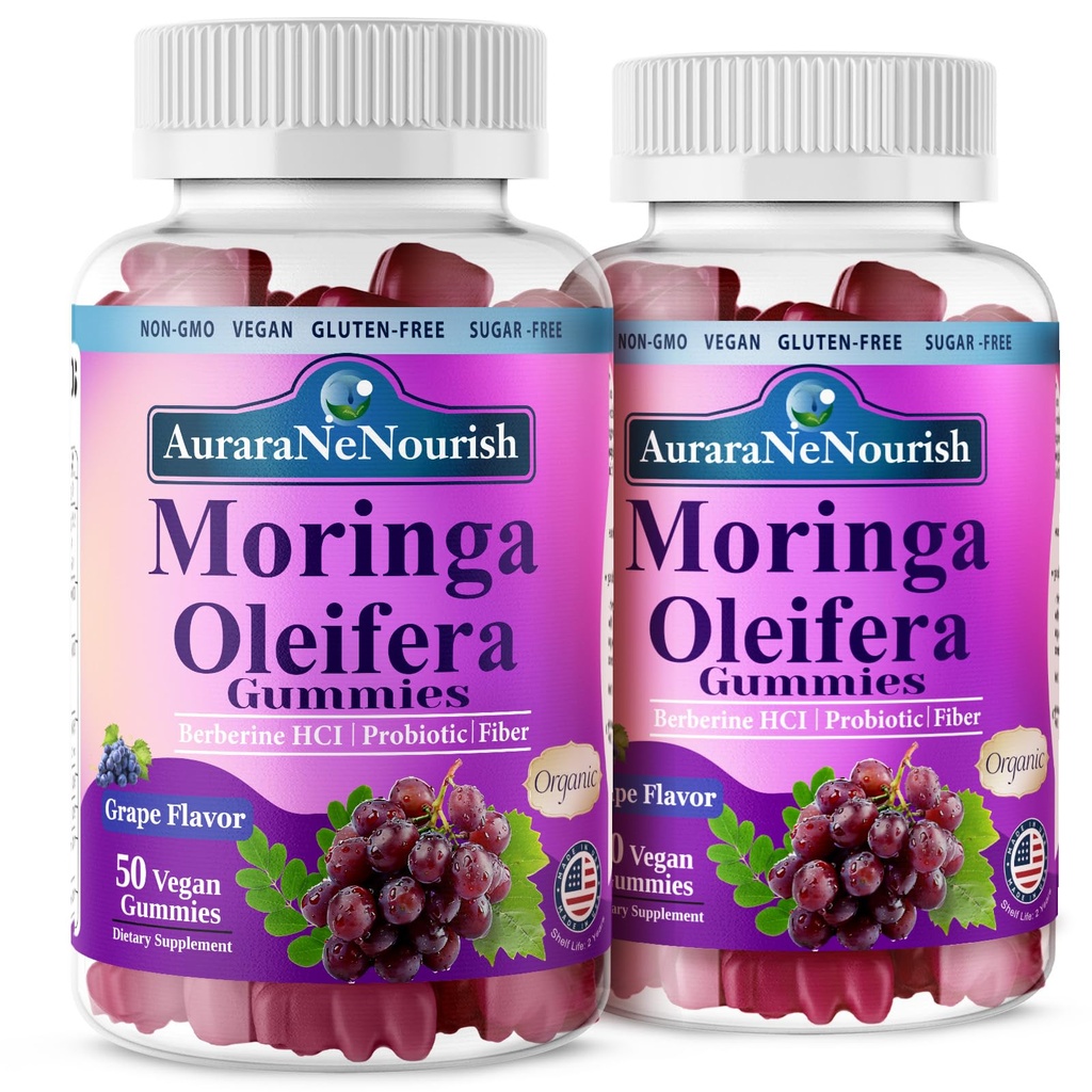 2 Packs Organic Moringa Oleifera Gummies for Women & Men, 8-in-1 Superfood Blend w. Berberine HCl & Moringa Leaf Extract for GLP-1 Support & Energy Immune Joint & Gut Health Sugar-Free