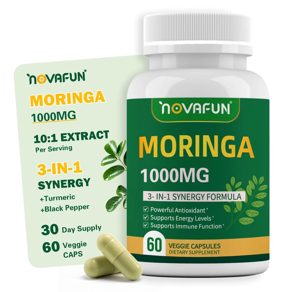 Organic Moringa Capsules 1000mg, 10:1 Leaf Extract Supplement with Turmeric & Black Pepper for Energy, Antioxidant, Immune Support, Vegan, 60 Capsules