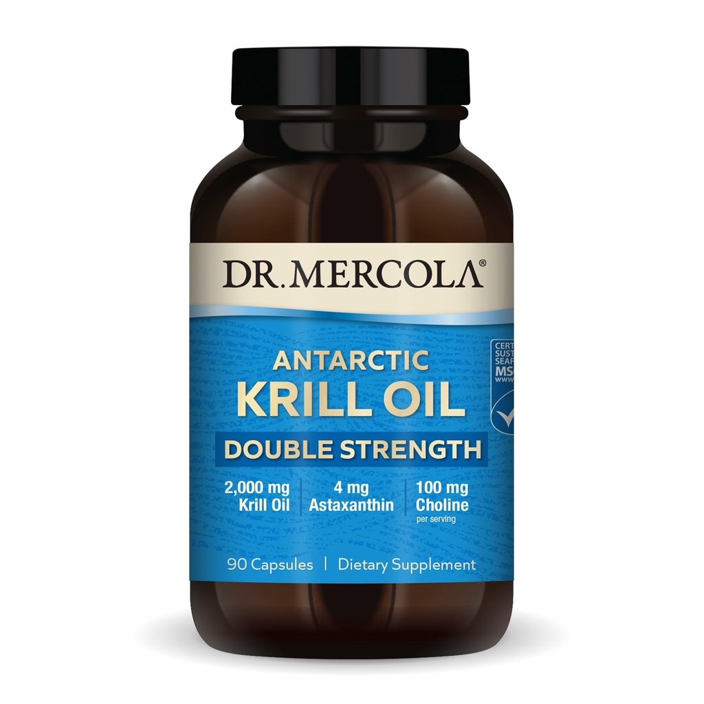 Dr Mercola Antarctic Krill Oil Double Strength - 2 000 mg - Supplément Oméga-3 avec EPA et DHA - Soutient la santé cérébrale, cardiaque, articulaire et immunitaire - Sans OGM et sans gluten - 90 capsules (30 portions)